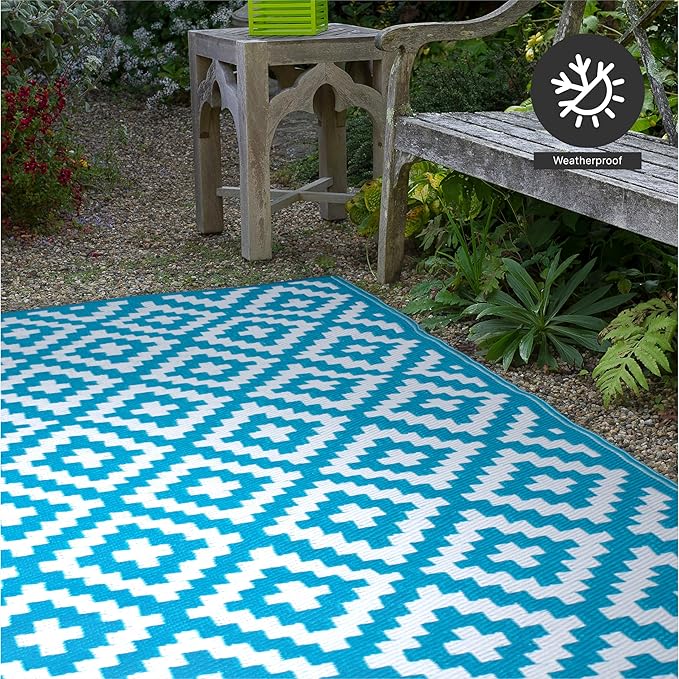 FH Home Outdoor Camping Rug - Waterproof, Fade Resistant, Reversible - Premium Recycled Plastic - Geometric - Large Patio, Deck, Sunroom, RV - Aztec - Teal & White - 9 x 12 ft Foldable