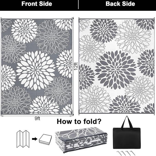 Ileading Reversible Outdoor Rug 9x12Ft Waterproof Patio Rug Carpet Portable Outdoor Plastic Straw Rug Large RV Camping Mat Rug for Patio, Clearance, Deck, Beach, Porch, Camping, Picnic, Grey