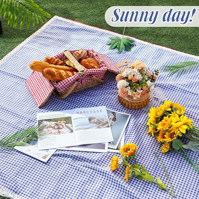 Waterproof Picnic Blankets Outdoor Blanket Foldable 2 in 1 Double Layer Sandproof Beach Mat with Carry Strap for Camping Lawn Park Beach Grass(Blue White,59 x 79 Inches)