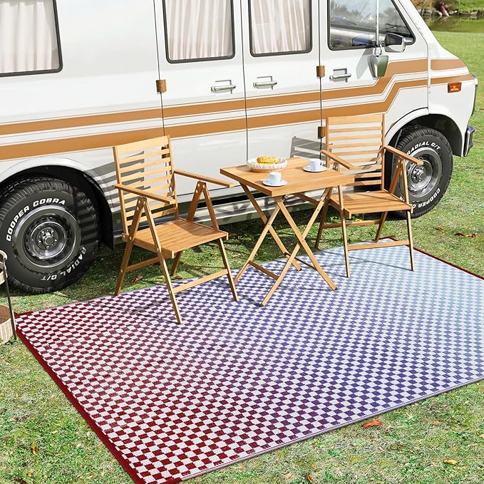 Wonnitar Waterproof Outdoor Rug 6x9 - Blue Purple Gradient Checkered Camping Plastic Straw Rug, Reversible Outside Mat for Patio RV Backyard, Lightweight Portable Deck Carpet