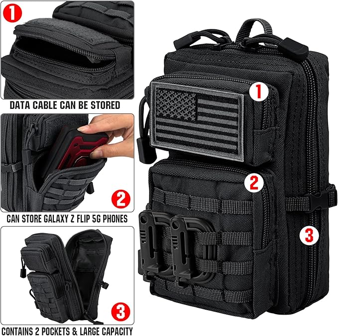 bvya Tactical Molle EDC Utility Pouch Compact Tool Pouch Mini Waist Bag Crossbody Backpack-Design Phone Pouch with Shoulder Strap Flag Patch and D-Rings