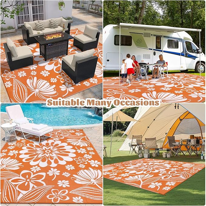 Ileading Outdoor Plastic Straw Rug 8x10ft Funny Floral Style Reversible Patio Area Rugs Waterproof Non Shedding Portable Carpets for Rv Outside Deck Pool Beach Picnic Camping (Orange)