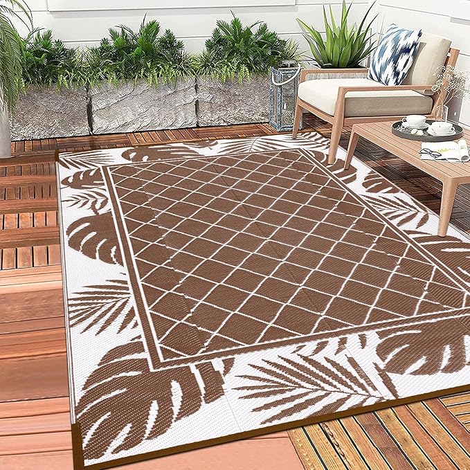 Ileading Outdoor Rug Carpet for Patio 5' x7' Waterproof Reversible Plastic Straw Rug Portable Outside Area Rug Camping Mat for Patio, Clearance, Balcony, Picnic, Pool, Beach, RV, Deck, Leaf Brown