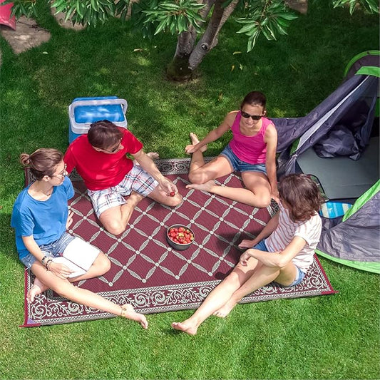 Stylish Camping 116095 6-feet by 9-feet Reversible Mat, Plastic Straw Rug, Large Floor Mat for Outdoors, RV, Patio, Backyard, Picnic, Beach, Camping (Burgundy/Beige)