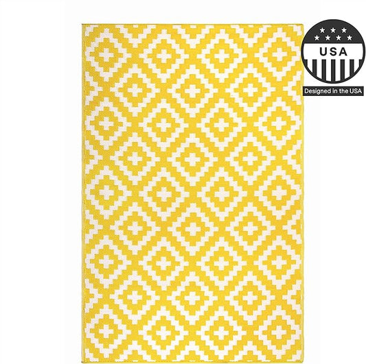 FH Home Outdoor Camping Rug - Waterproof, Fade Resistant, Reversible - Premium Recycled Plastic - Geometric - Large Patio, Deck, Sunroom, RV - Aztec - Yellow & White - 9 x 18 ft Foldable