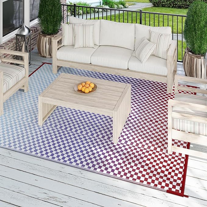 Wonnitar 8x10 Waterproof Outdoor Rug - Blue Purple Ombre Checkered Patio Rugs, Lightweight Reversible Mat for Deck Porch RV Picnic, Large Camping Carpet with Colorful Grid Design