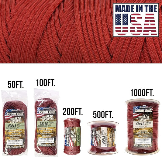 TOUGH-GRID Premium Red Paracord 550 lbs Made in USA Outdoor Survival Nylon Rope Tactical Heavy Duty Strands Parachute Cord Used by US Military Type III Mil-Spec