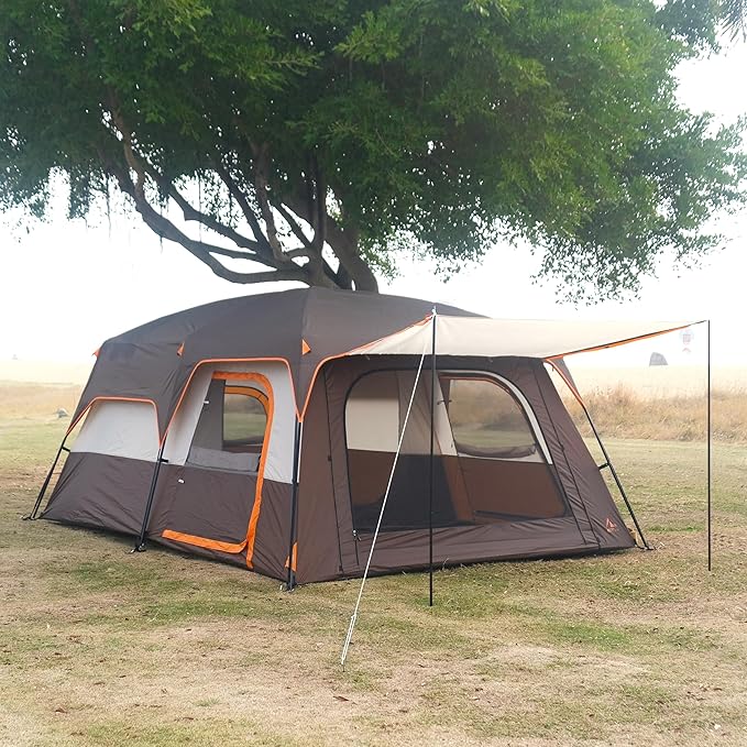 KTT Large Family Cabin Tent 10-12 Person,14.1X10X6.58ft,2 Rooms,3 Storage Pockets,2 Bay-Windows 3 Doors and 3 Windows with Mesh,Straight Wall,Waterproof,Double Layer,Big Tent for Outdoor,Camping