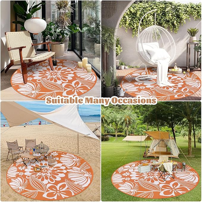 Ileading Round Outdoor Plastic Straw Rug 6ft Funny Floral Style Reversible Patio Area Rugs Waterproof Non Shedding Portable Carpets for Rv Outside Deck Pool Beach Picnic Camping (Orange)
