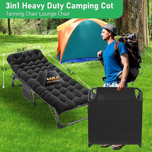 ABORON Folding Camping Cot for Adults, Heavy Duty 3-in-1 Bed for Guest Sleeping, Adjustable Double-Layer 1200D with Mattress & Carrying Bag for Home, Office, Vacation, Hospital Use
