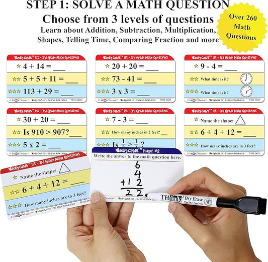Think2Master Wacky Cards 1st - 3rd Grade. Math Card Game for Families & Classroom. Make Hilarious Sentences While Practicing Math Including Addition, Subtraction & Multiplication. +4 Dry Erase Markers