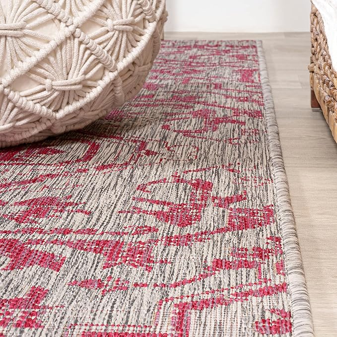 JONATHAN Y SMB105F-210 Estrella Bohemian Medallion Textured Weave Indoor Outdoor Runner Rug,Coastal,Traditional,Transitional Easy Clean,Bedroom,Kitchen,Backyard,Patio,NonShed,Light Gray/Fuchsia,2 X 10