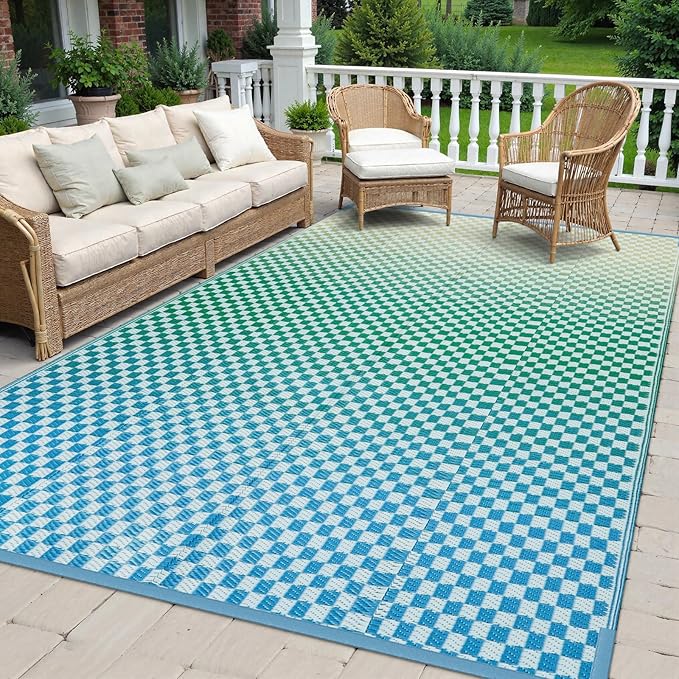 Wonnitar Waterproof 9x12 Outdoor Rug - Blue Yellow Gradient Geometric Patio Rug, Extra Large Plastic Straw Carpet for Balcony Beach Garden Deck, Reversible Outdoor RV Camping Mat