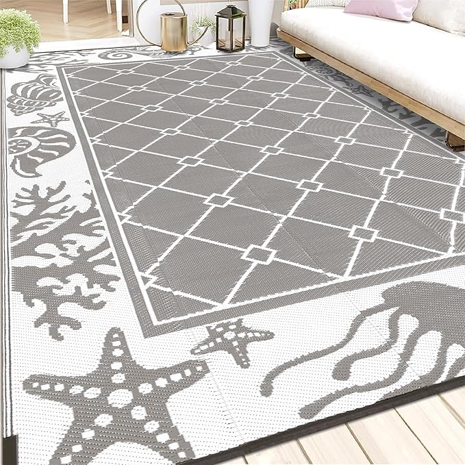 Vaukki Reversible Rugs, Plastic Straw Outdoor Doormat, Fade Resistant Plastic Outdoor Patio Mat, Lightweight Ocean Area Carpet for Patio, RV, Camping, Beach, Deck, Backyard and Picnic (Grey, 6'x9')