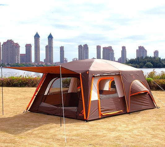KTT Large Family Cabin Tent 10-12 Person,14.1X10X6.58ft,2 Rooms,3 Storage Pockets,2 Bay-Windows 3 Doors and 3 Windows with Mesh,Straight Wall,Waterproof,Double Layer,Big Tent for Outdoor,Camping