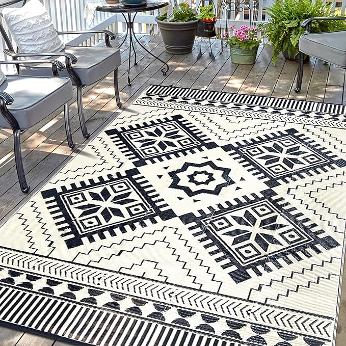 Waterproof Outdoor Rug 6x9ft, Boho Reversible Plastic Straw Mat for Patio RV Deck Porch Backyard Balcony Camping Picnic Beach Indoor Outdoor Carpet, Black&Beige