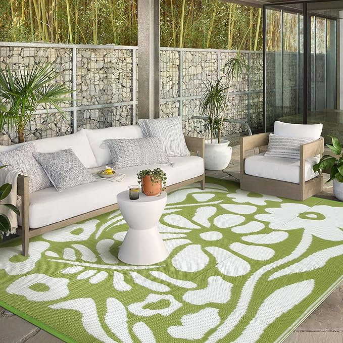 Wonnitar Outdoor Rug 8x10,Waterproof Outdoor Rugs for Patios Clearance,Reversible Outside Plastic Straw Carpet,Large Green Abstract Plant Lightweight Mat for Balcony Deck RV (Green Flower, 8'x10')