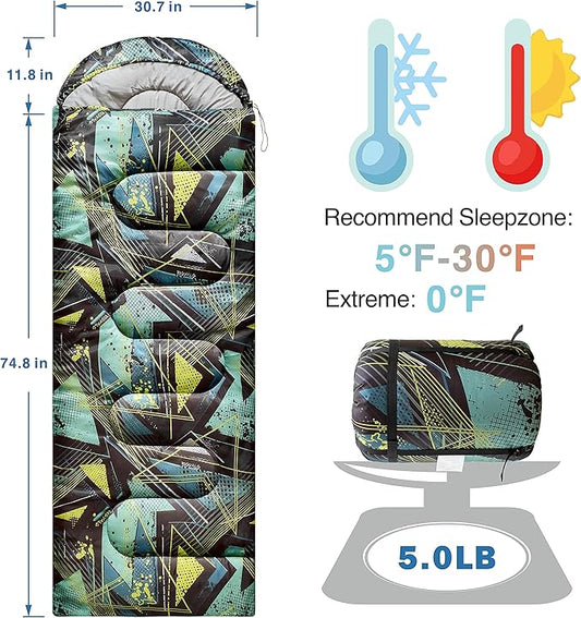 5°F Cold Weather Sleeping Bags for Adults Camping | Big and Tall Winter Sleeping Bag w. Compression Sack for Backpacking, Hiking | Waterproof, Portable | Camouflage