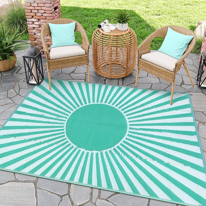 Wonnitar 5x8 Waterproof Outdoor Rug - Reversible Plastic Straw Patio Rug, Portable Outside Carpet for Camping, Indoor Outdoor Mat for Deck Backyard RV Garden Picnic (Blue-Green, 5'x8')