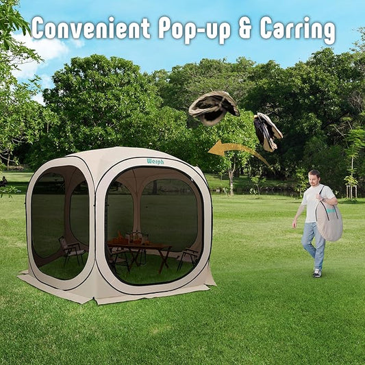 Pop Up Screen Tent Canopy, Portable Screen Canopy with Mosquito Net, Outdoor Screen Room Tent 12 x12 FT with Carry Bag for Lawn & Garden, Parties,Beige