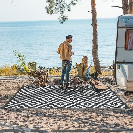 GENIMO Outdoor Rug for Patio Clearance,6'x9' Waterproof Mat,Reversible Plastic Camping Rugs,Rv,Deck,Porch,Camper,Balcony,Backyard,Black & White