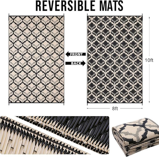 OLANLY Reversible Outdoor Rug 8x10 ft Clearance, Waterproof Outdoor Plastic Straw Rug with Interlacing Pattern, RV Mat for Patio, Camping, Balcony, Deck, Backyard, Black & Beige