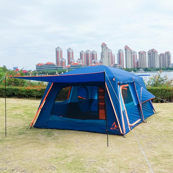 KTT Extra Large Tent 12 Person,2 Bay-Windows,Family Cabin Tents,14'Lx10'Wx6.58'H,2 Rooms and 3 Doors 3 Windows with Mesh,Waterproof,Straight Wall,Big Tent for Outdoor,Picnic,Camping,Gathering