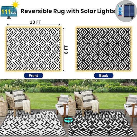 8x10Ft Outdoor Rug, Solar Powered Outdoor Camping Rug with 111LEDs Strip Lights, Waterproof Plastic Reversible Outdoor Straw Rug, Rug Mat for RV Camping Patio House Deck Beach Balcony Picnic