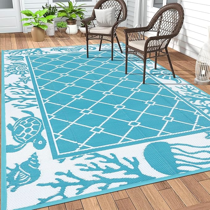Vaukki Reversible Rugs, Plastic Straw Outdoor Doormat, Fade Resistant Plastic Outdoor Patio Mat, Lightweight Ocean Area Carpet for Patio, RV, Camping, Beach, Deck, Backyard and Picnic (Teal, 5'x8')