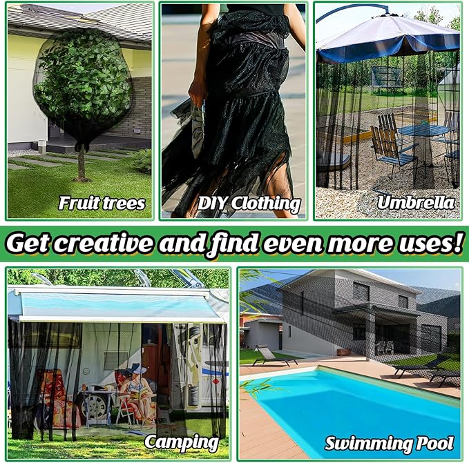 Mosquito Net for Patio - 10Ft x 40Ft for Each Garden Mesh Screen Barrier, Super Dense Patio Netting for Balcony Porch Protecting Your Skin Plants Vegetables DIY (Black)