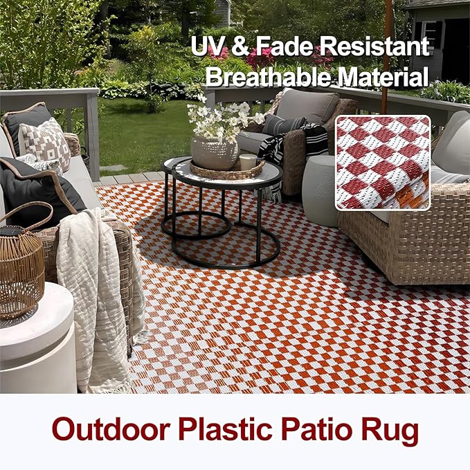 Wonnitar Waterproof 9x12 Outdoor Rug - Orange Red Gradient Plastic Straw Rug for Patio, Extra Large Portable Outside Mat for RV Camping Deck, Reversible Colorful Outdoor Carpet