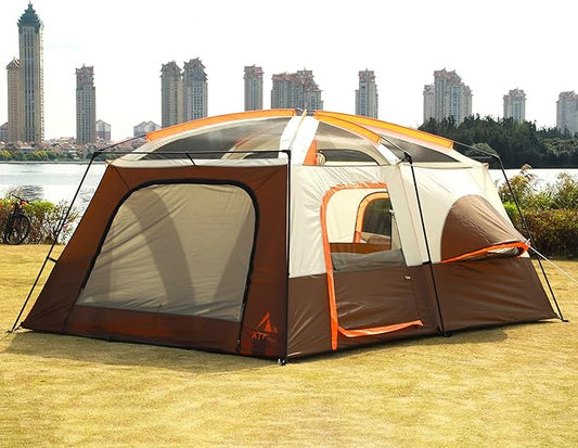 KTT Extra Large Tent 12 Person,2 Bay-Windows,Family Cabin Tents,14'Lx10'Wx6.58'H,2 Rooms and 3 Doors 3 Windows with Mesh,Waterproof,Straight Wall,Big Tent for Outdoor,Picnic,Camping,Gathering