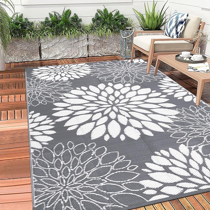 Ileading Reversible Outdoor Rug 5x8Ft Waterproof Patio Rug Carpet Portable Outdoor Plastic Straw Rug Large RV Camping Mat Rug for Patio, Clearance, Deck, Beach, Porch, Camping, Picnic, Flower Grey