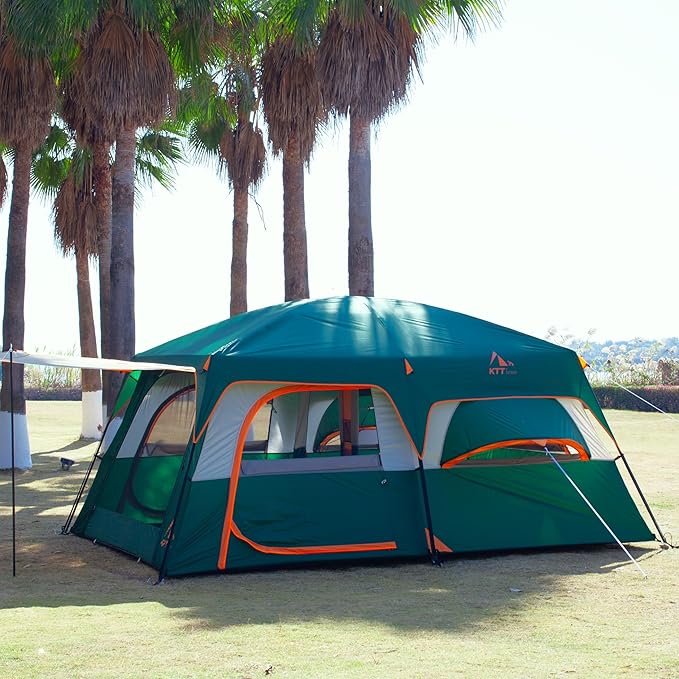 KTT Extra Large Tent 12 Person,2 Bay-Windows,Family Cabin Tents,14'Lx10'Wx6.58'H,2 Rooms and 3 Doors 3 Windows with Mesh,Waterproof,Straight Wall,Big Tent for Outdoor,Picnic,Camping,Gathering