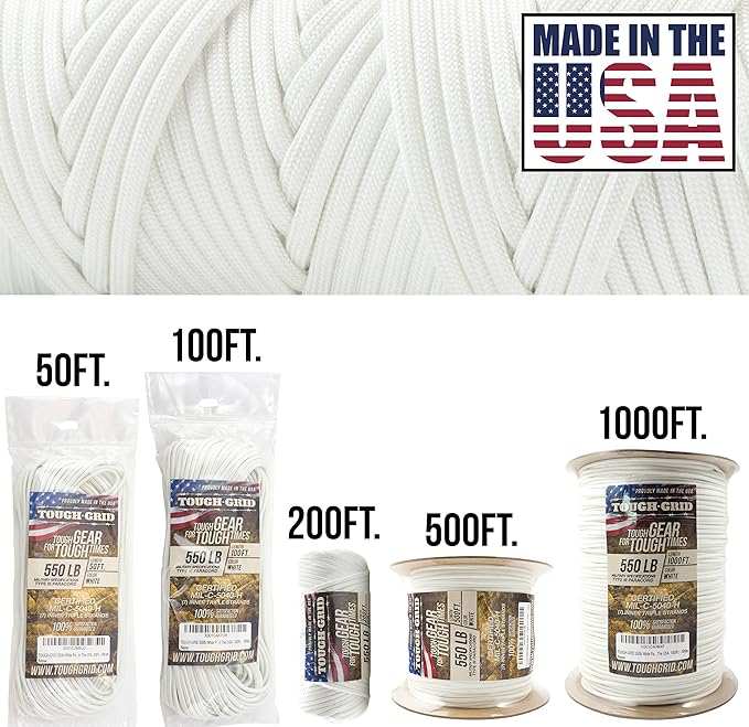 TOUGH-GRID Premium White Paracord 550 lbs Made in USA Outdoor Survival Nylon Rope Tactical Heavy Duty Strands Parachute Cord Used by US Military Type III Mil-Spec