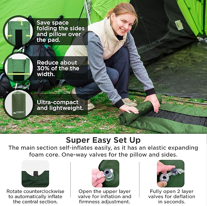 IFORREST Camping Pad with Armrest & Pillow - Self-Inflating Air Mattress - Rollover Protection - Ultra-Comfortable Mat - Lightweight for Tent, Cot, Backpacking(L/XL)