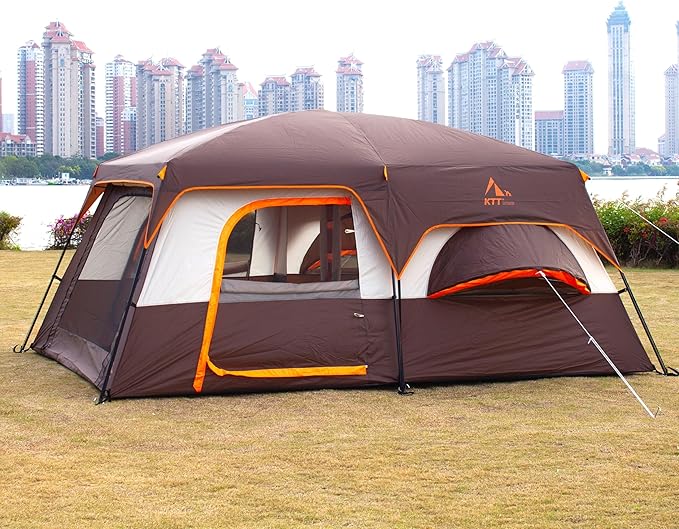 KTT Extra Large Tent 12 Person,2 Bay-Windows,Family Cabin Tents,14'Lx10'Wx6.58'H,2 Rooms and 3 Doors 3 Windows with Mesh,Waterproof,Straight Wall,Big Tent for Outdoor,Picnic,Camping,Gathering