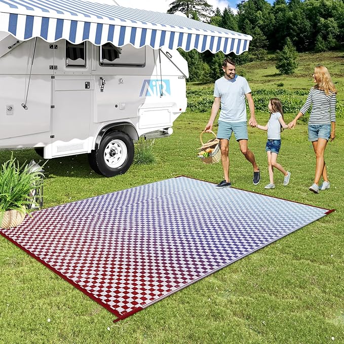 Wonnitar 8x10 Waterproof Outdoor Rug - Blue Purple Ombre Checkered Patio Rugs, Lightweight Reversible Mat for Deck Porch RV Picnic, Large Camping Carpet with Colorful Grid Design