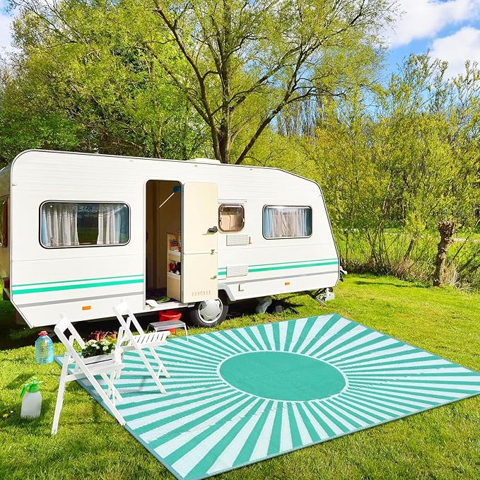 Wonnitar Waterproof 9x12 Outdoor Rug - Outdoor Plastic Straw Rug for Patio, Lightweight Extra Large RV Outside Camping Carpet, Portable Mat for Garden Balcony Beach (Blue-Green, 9'x12')