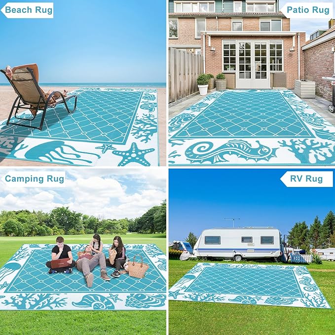 Vaukki Reversible Rugs, Plastic Straw Outdoor Doormat, Fade Resistant Plastic Outdoor Patio Mat, Lightweight Ocean Area Carpet for Patio, RV, Camping, Beach, Deck, Backyard and Picnic (Teal, 9'x12')