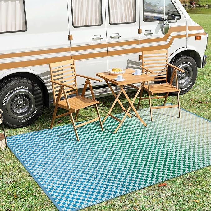 Wonnitar Waterproof Outdoor Rug 6x9 - Blue Yellow Gradient Checkered RV Camping Rug, Reversible Plastic Straw Patio Mat for Poolside Deck, Portable Lightweight Colorful Outdoor Carpet