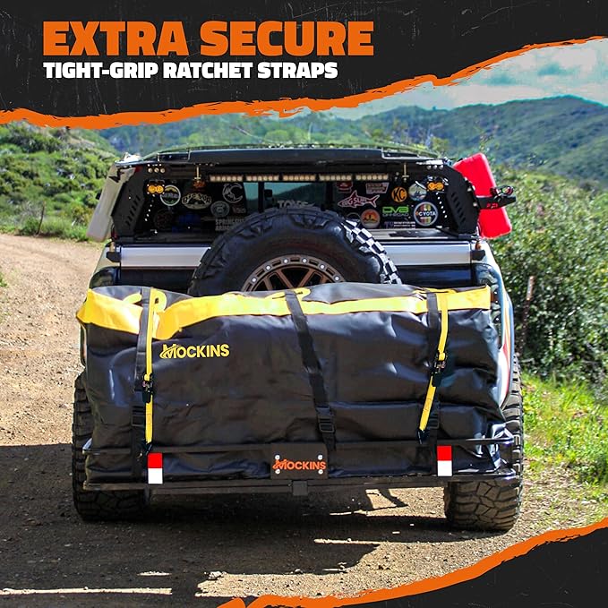 Mockins 20 CuFt Waterproof Cargo Bag for Hitch Carrier | 60x20x29 Weatherproof Trailer Hitch Cargo Carrier Bag for Truck Bed Storage |500D PVC Vehicle Soft-Shell Carriers Car Bag w/Waterproof Zipper