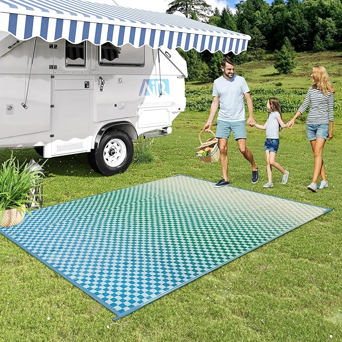 Wonnitar 8x10 Waterproof Outdoor Rugs - Blue Yellow Ombre Checkered Patios Rug, Large Reversible Plastic Straw Mat for Camping RV Balcony, Portable Colorful Outdoor Deck Rug