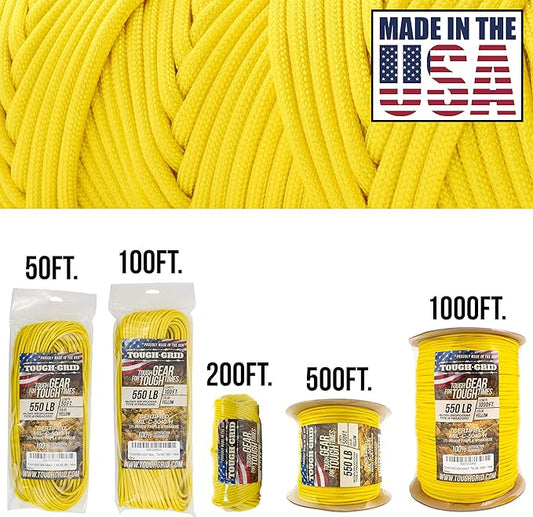 TOUGH-GRID Premium Yellow Paracord 550 lbs Made in USA Outdoor Survival Nylon Rope Tactical Heavy Duty Strands Parachute Cord Used by US Military Type III Mil-Spec