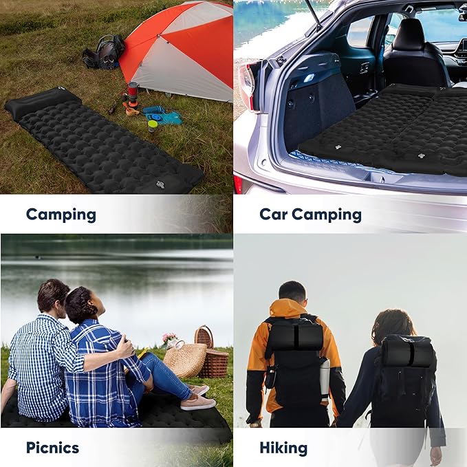 POWERLIX Sleeping Pad for Camping with Built in Pillow, Foot Pump Inflatable Camping Mat Bed, Lightweight Outdoor Camping Air Mattress Camping Pad for Backpacking Hiking Travelling Black
