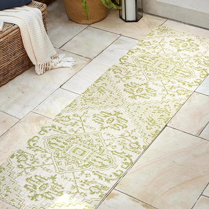 JONATHAN Y SMB105E-28 Estrella Bohemian Medallion Textured Weave Indoor Outdoor Runner Rug, Coastal Traditional Easy-Cleaning,Bedroom,Kitchen,Backyard,Patio,Non Shedding 2 X 8, Cream/Green