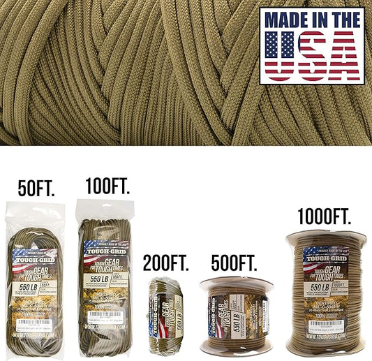 TOUGH-GRID Premium Grizzly Brown Paracord 550 lbs Made in USA Outdoor Survival Nylon Rope Tactical Heavy Duty Strands Parachute Cord Used by US Military Type III Mil-Spec