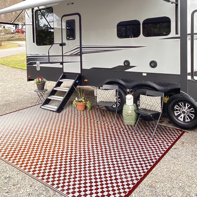 Wonnitar Waterproof 8x10 Outdoor Rug - Orange Red Ombre Checkered Patio Rug, Large Reversible Outside Mat for RV Deck Balcony, Lightweight Colorful Outdoor Camping Carpet