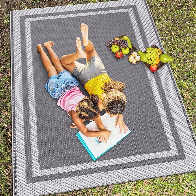 HappyTrends Outdoor Rug Reversible Portable Plastic Straw Camping Rugs for Outside RV,Large Waterproof Outdoor Area Rugs for Patio,Deck,Porch,Balcony(5'x 8',White&Gray)