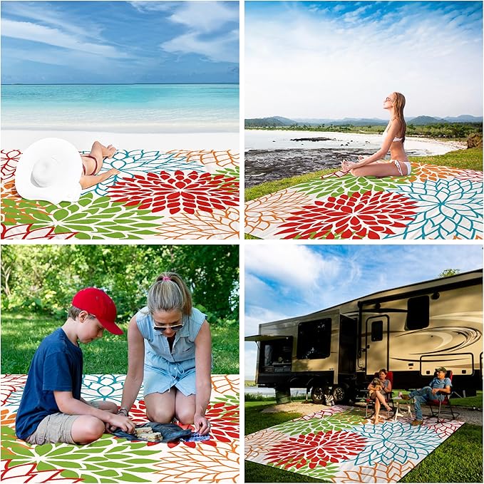 9 ft×10 ft Large Beach Blanket Waterproof Sandproof, Picnic Blankets for 4 Adults with Stakes and Sand Pocket, Lightweight Beach Mat Vacation Essentials Accessories Must Haves-Colorful Blossoms